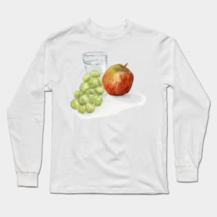 Red Apple, Green Grapes Painting Watercolor Glass of Water, Still life Painting, Art Kitchen Wall Art Long Sleeve T-Shirt